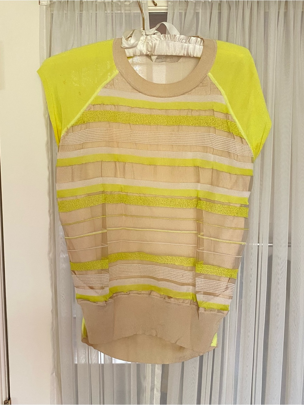 Reed Krakoff Neon Yellow and Beige Short Sleeve Knit Top